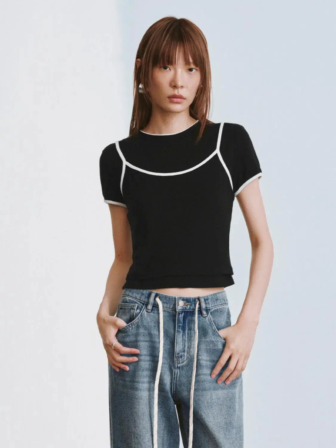 Black Cotton Knit Crop With White Piping T-Shirts