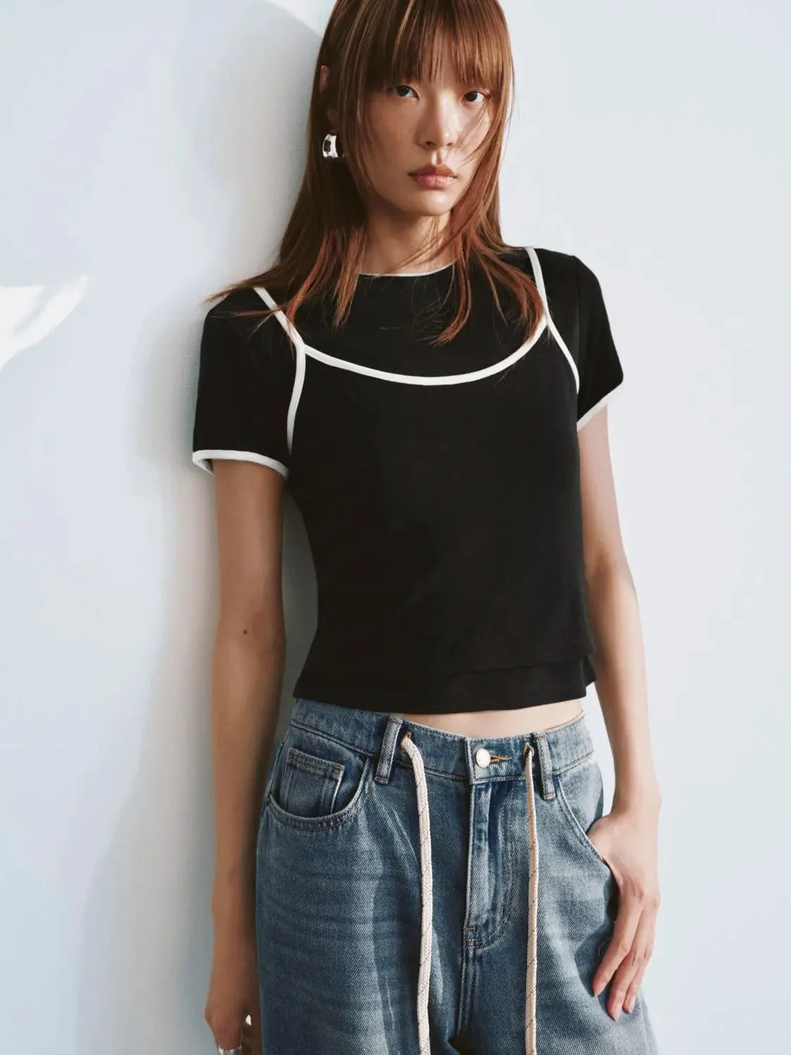 Black Cotton Knit Crop With White Piping T-Shirts