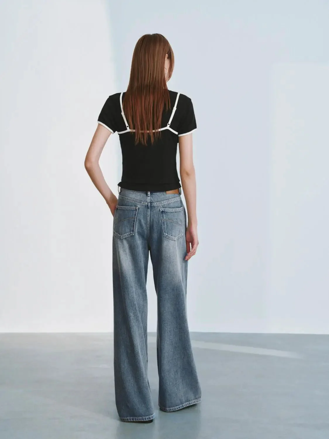 Black Cotton Knit Crop With White Piping T-Shirts