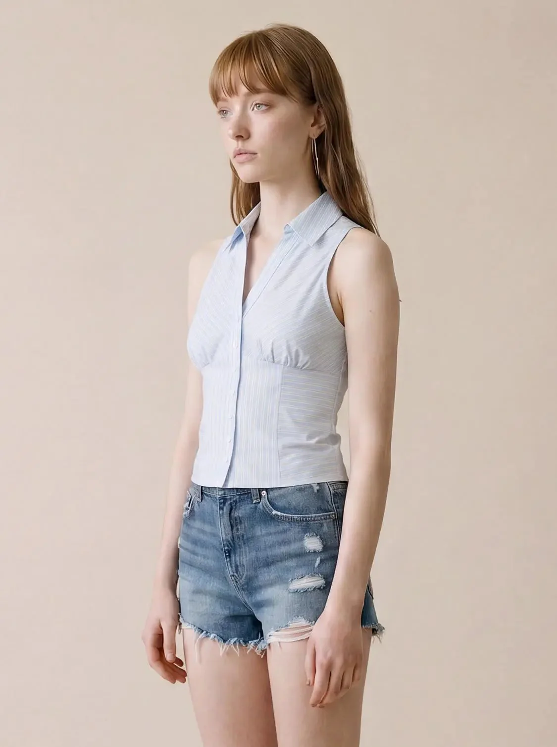 Cotton Striped Sleeveless Button Down Shirts