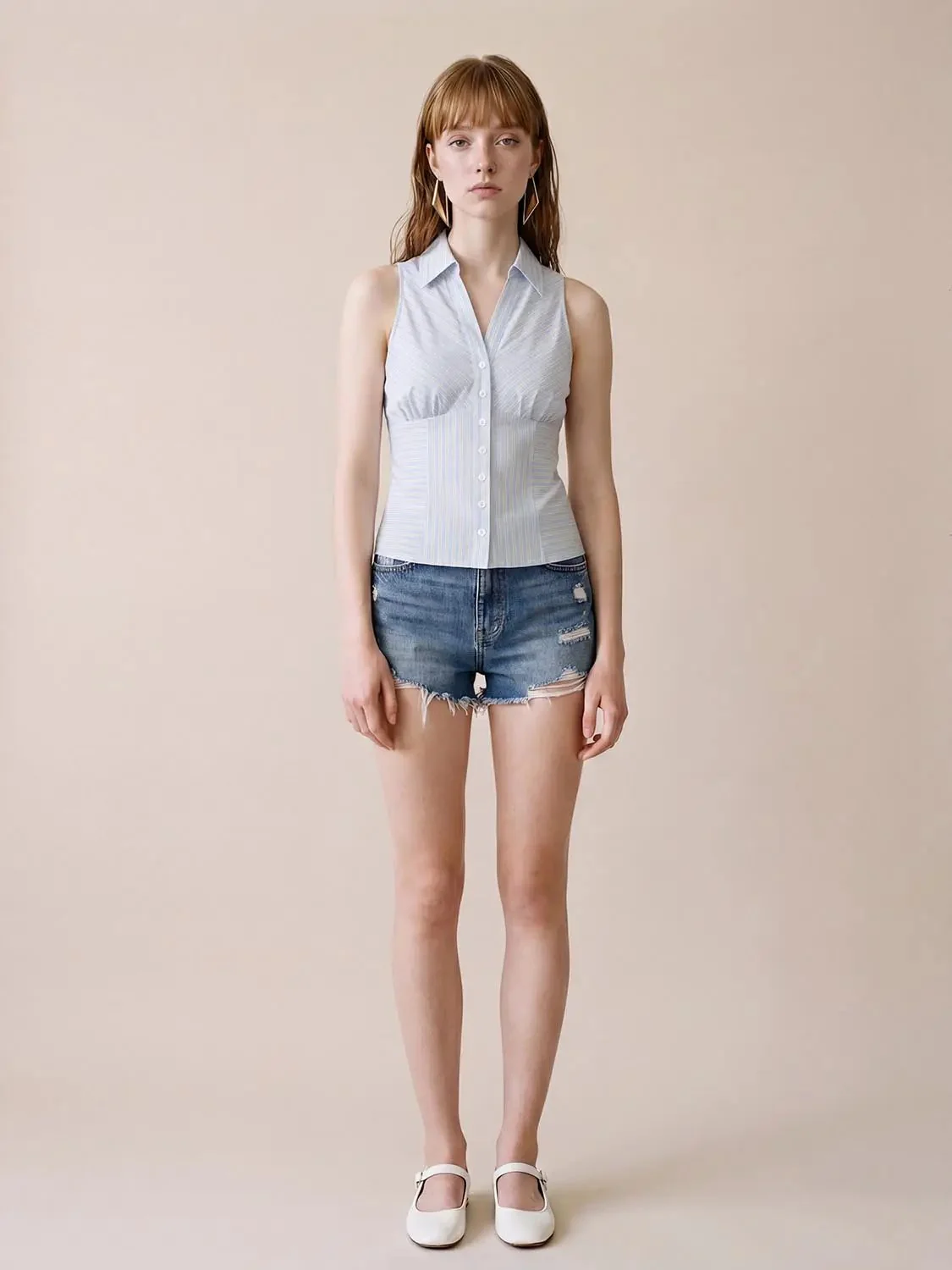 Cotton Striped Sleeveless Button Down Shirts