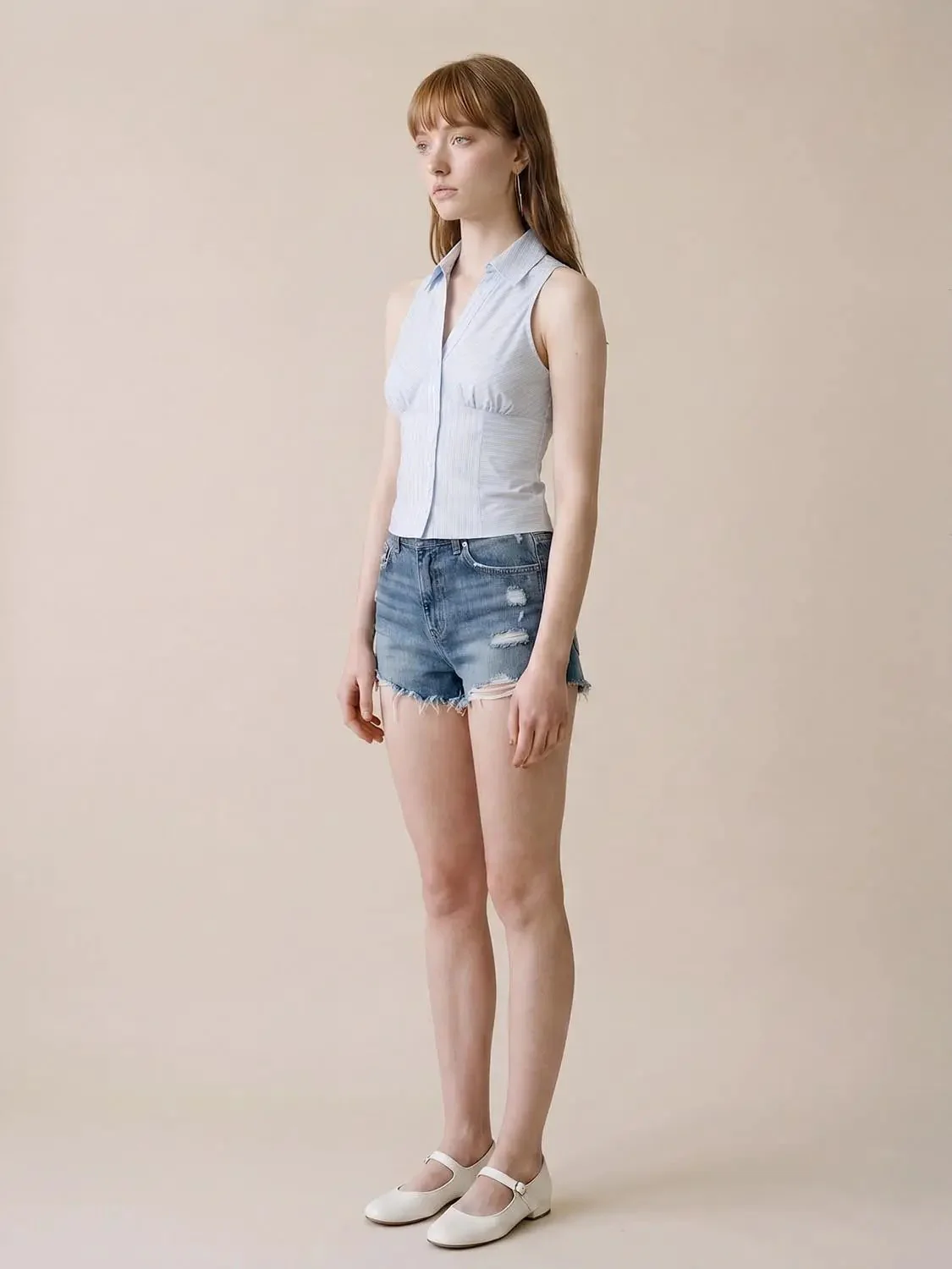 Cotton Striped Sleeveless Button Down Shirts