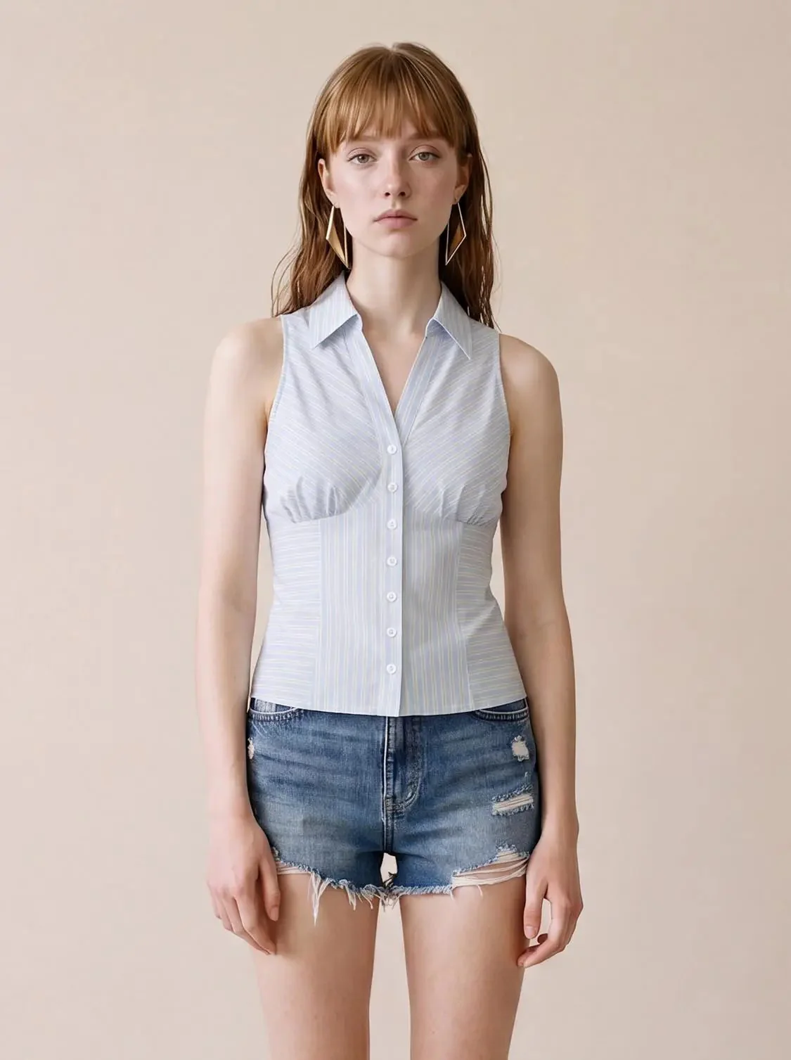 Cotton Striped Sleeveless Button Down Shirts
