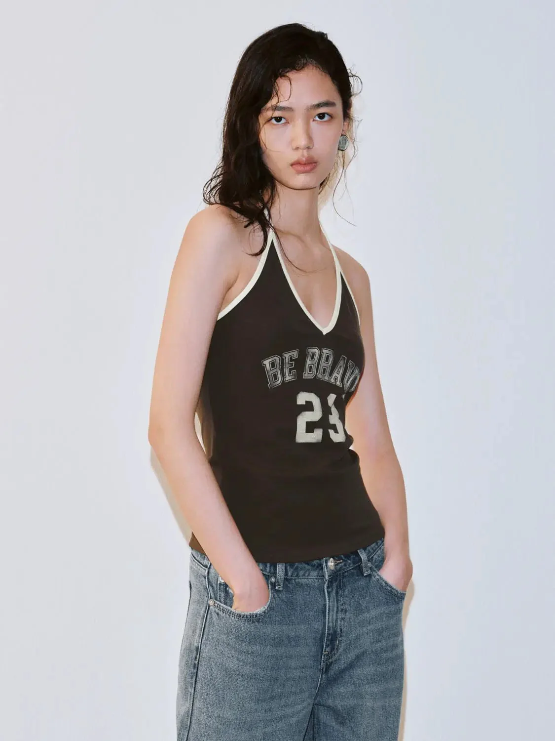 Navy Cotton Halter Neck Printed Be Brave Tank Tops