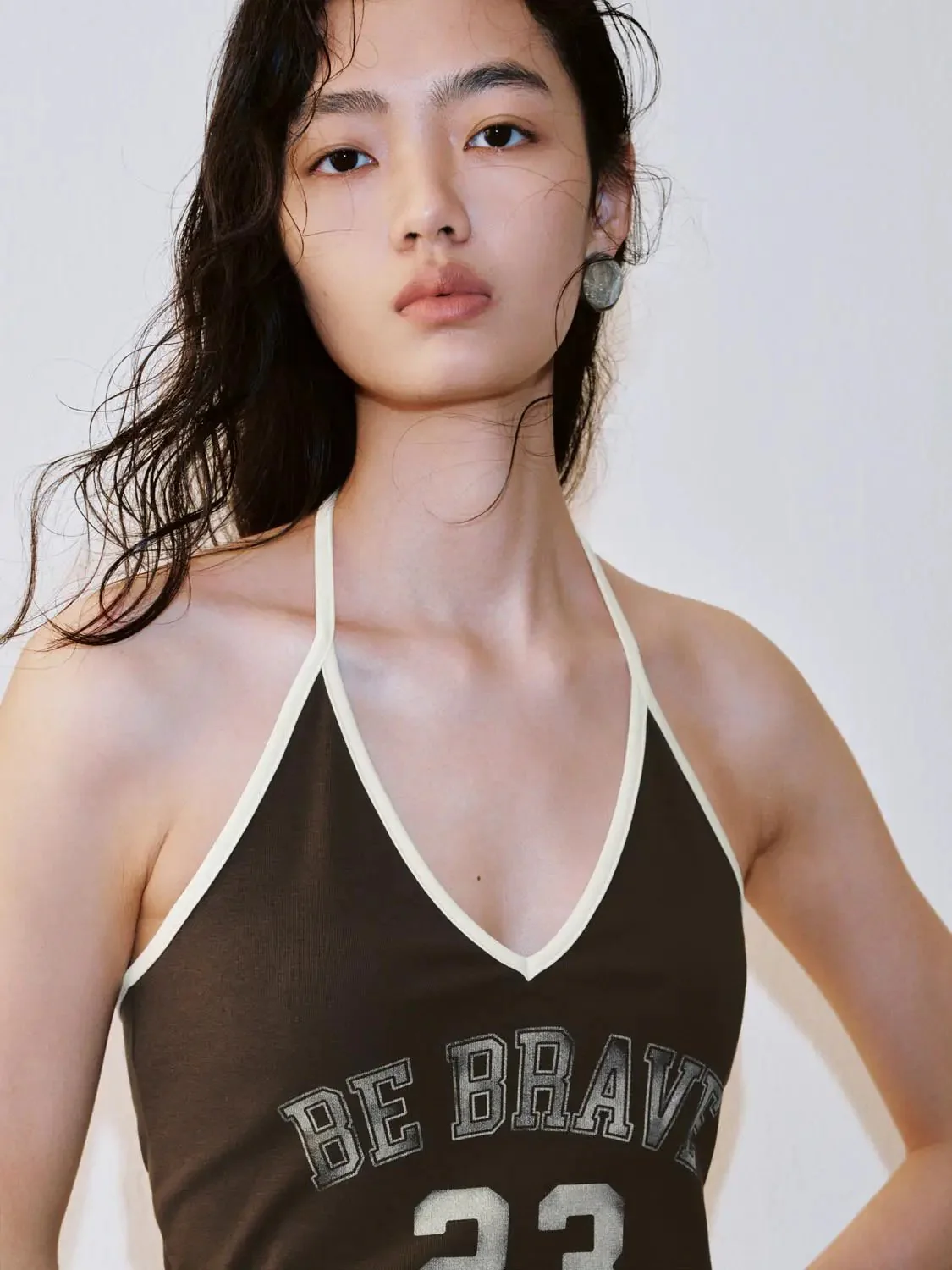 Navy Cotton Halter Neck Printed Be Brave Tank Tops