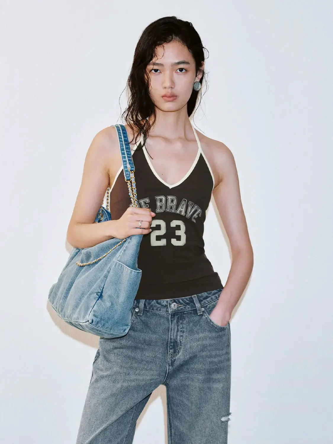 Navy Cotton Halter Neck Printed Be Brave Tank Tops