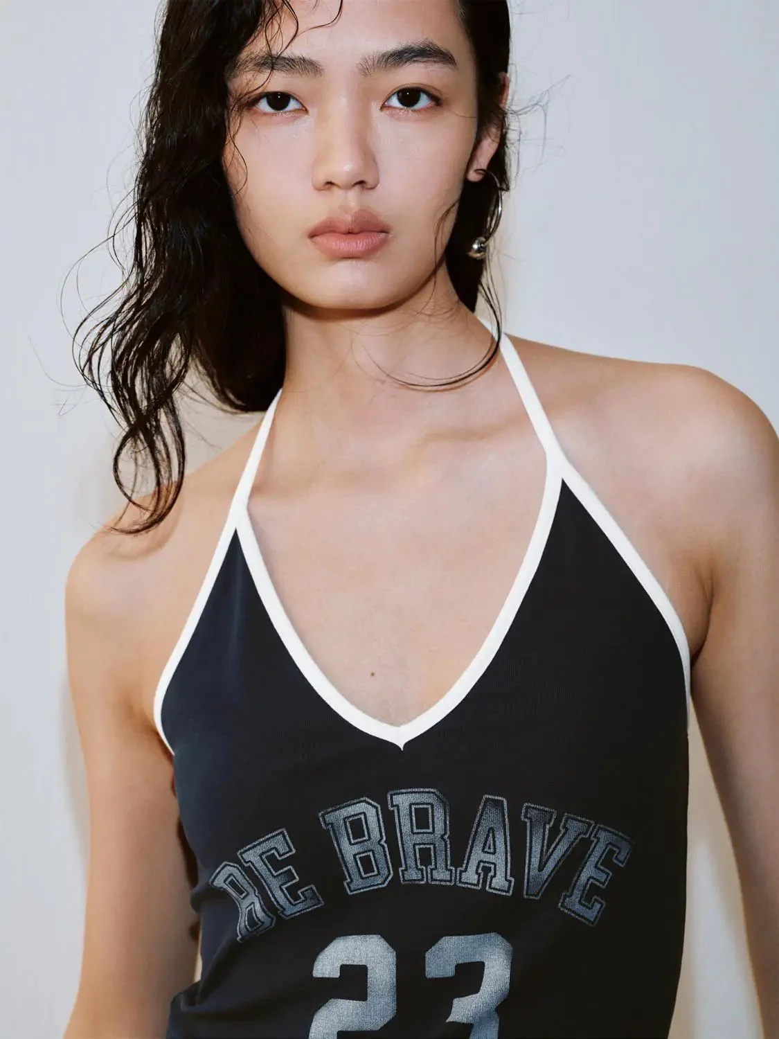 Navy Cotton Halter Neck Printed Be Brave Tank Tops