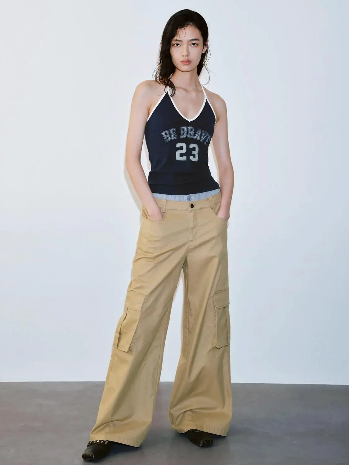 Navy Cotton Halter Neck Printed Be Brave Tank Tops