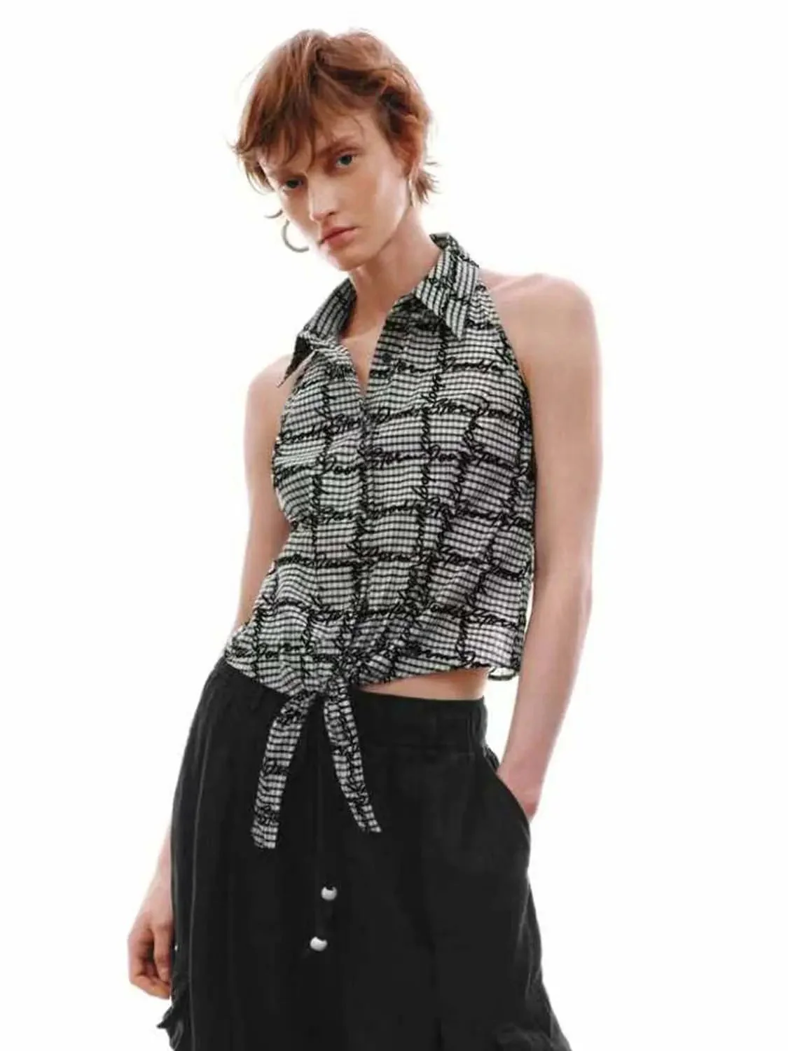 Contrast Check Tie Front Sleeveless Cotton Shirts