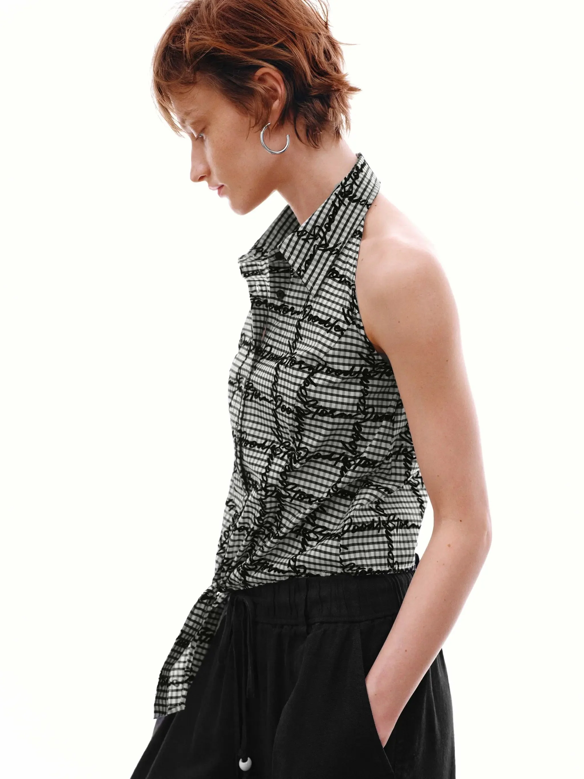 Contrast Check Tie Front Sleeveless Cotton Shirts