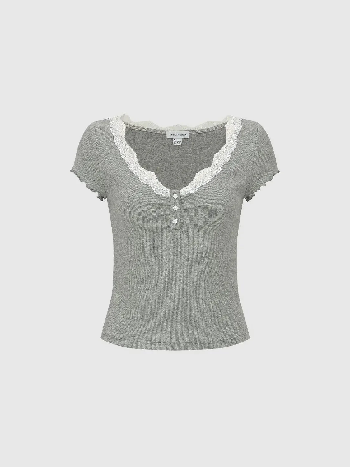 18849-lace-detail-ruffle-trim-henley-neck-t-shirts-casual-top-1.webp Lace Detail Ruffle Trim Henley Neck T-Shirts Casual Top