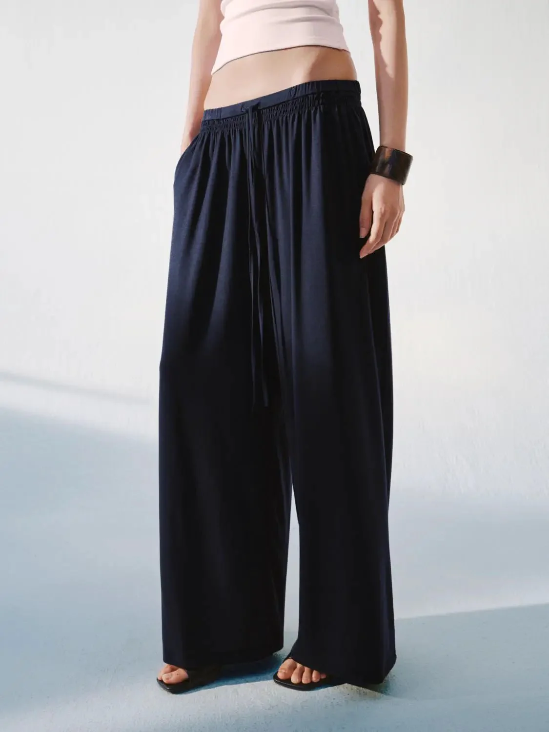 Drawstring Pull On Wide Leg Pants With Slight Stretch For Comfort