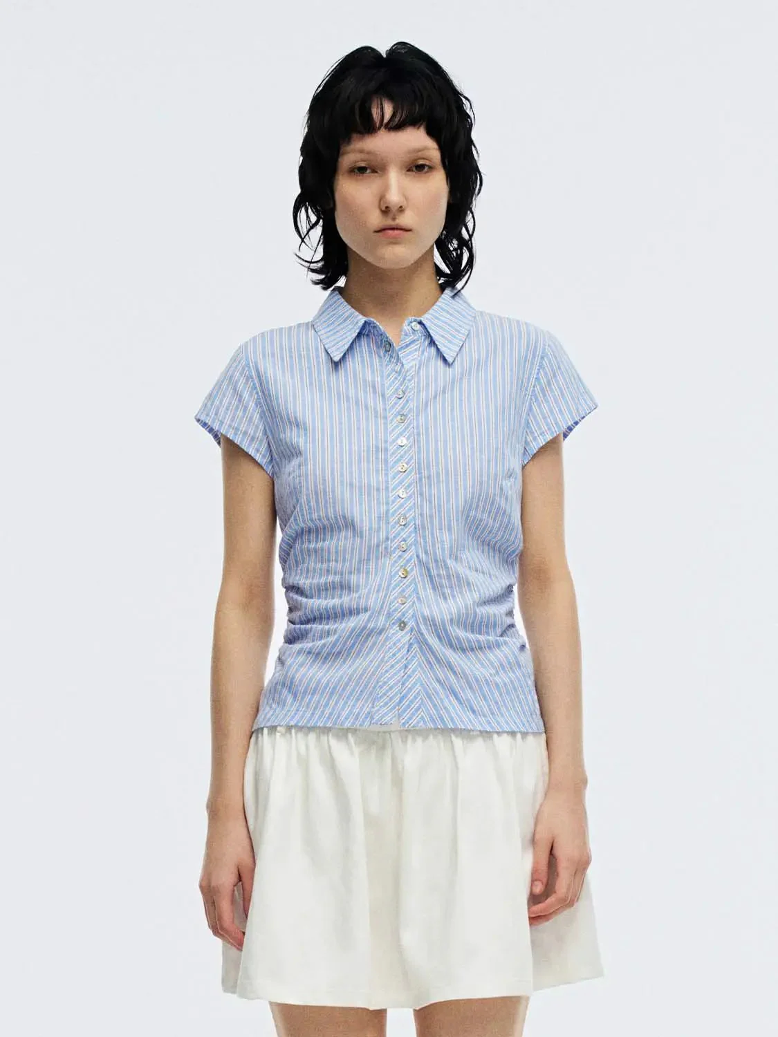 Striped Cotton Linen Blend Cap Sleeve Nipped Waist Shirt