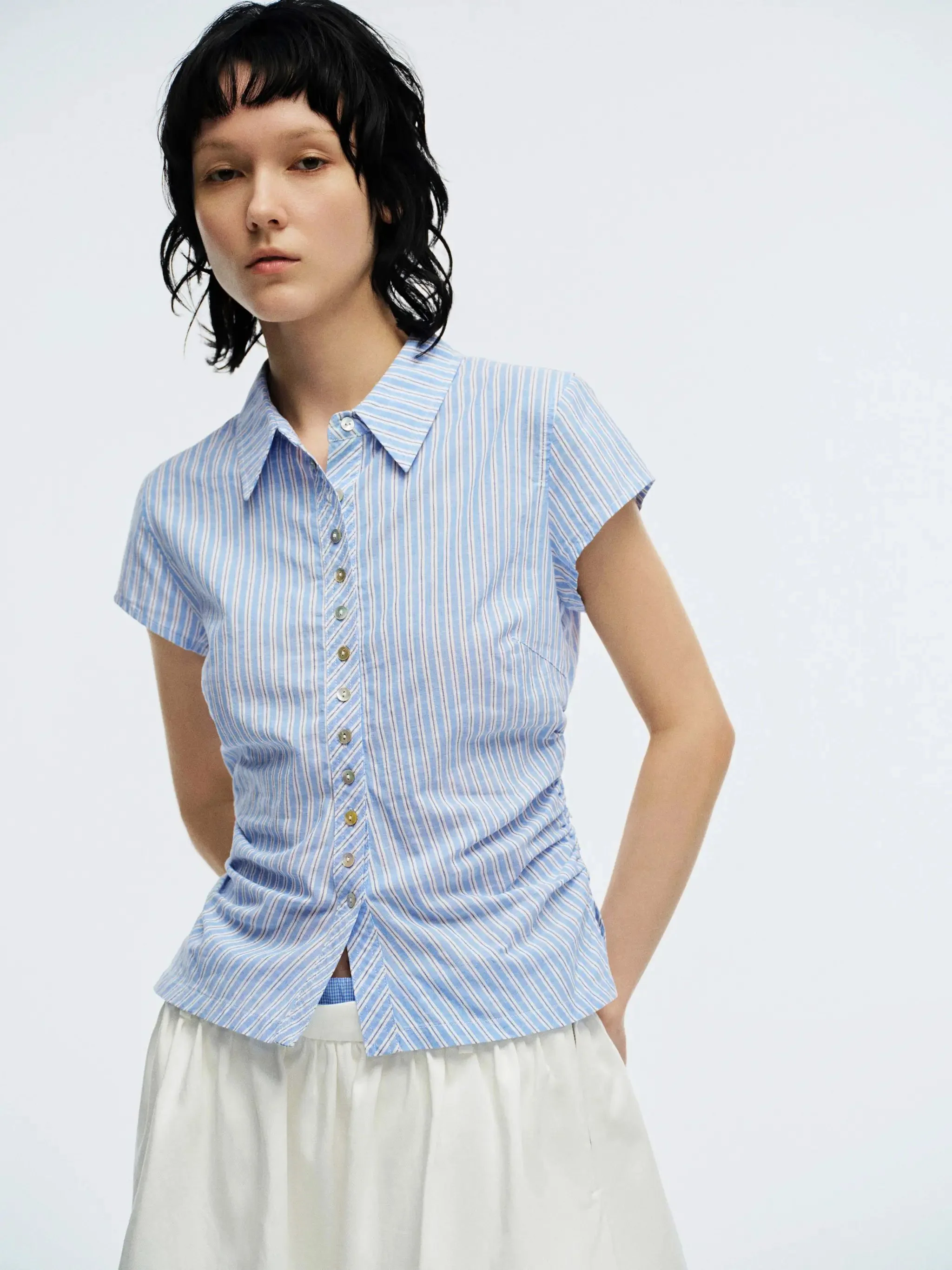 Striped Cotton Linen Blend Cap Sleeve Nipped Waist Shirt