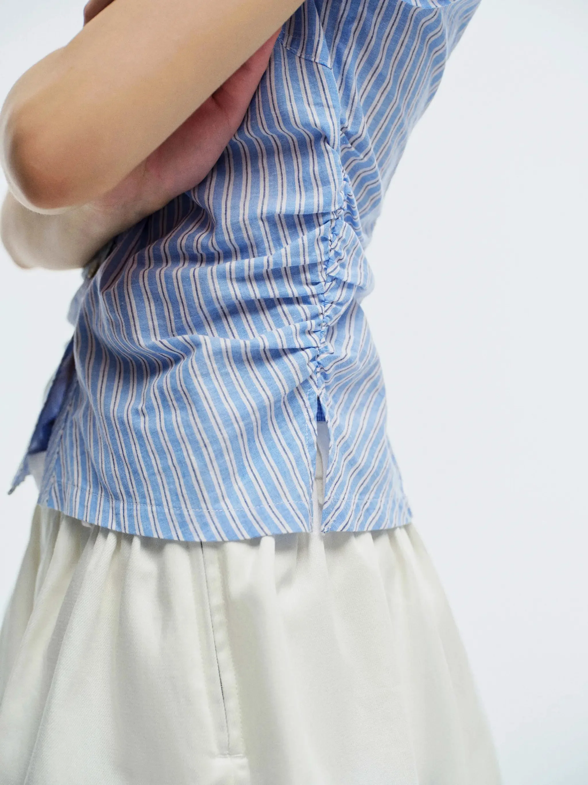 Striped Cotton Linen Blend Cap Sleeve Nipped Waist Shirt