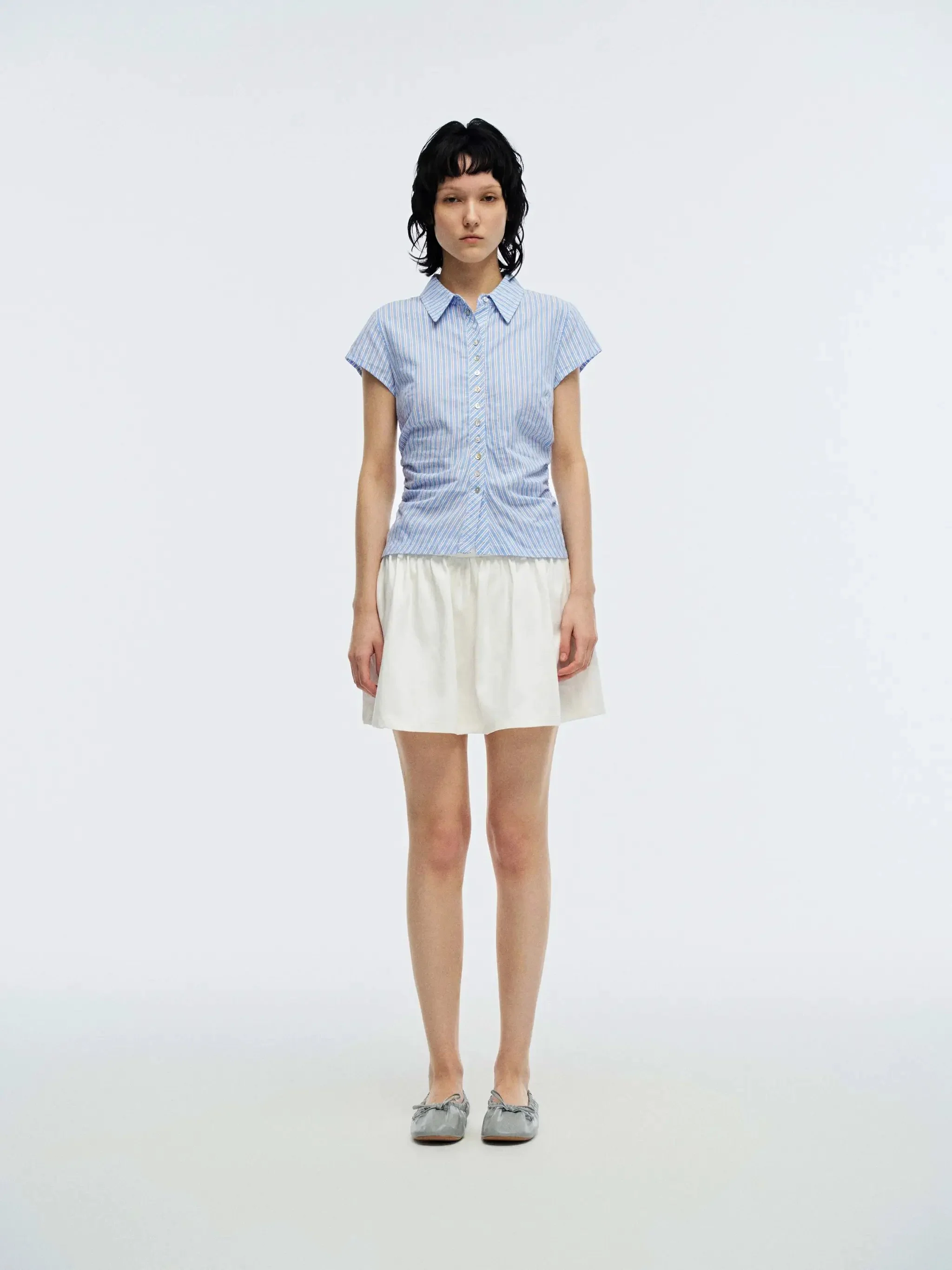 Striped Cotton Linen Blend Cap Sleeve Nipped Waist Shirt
