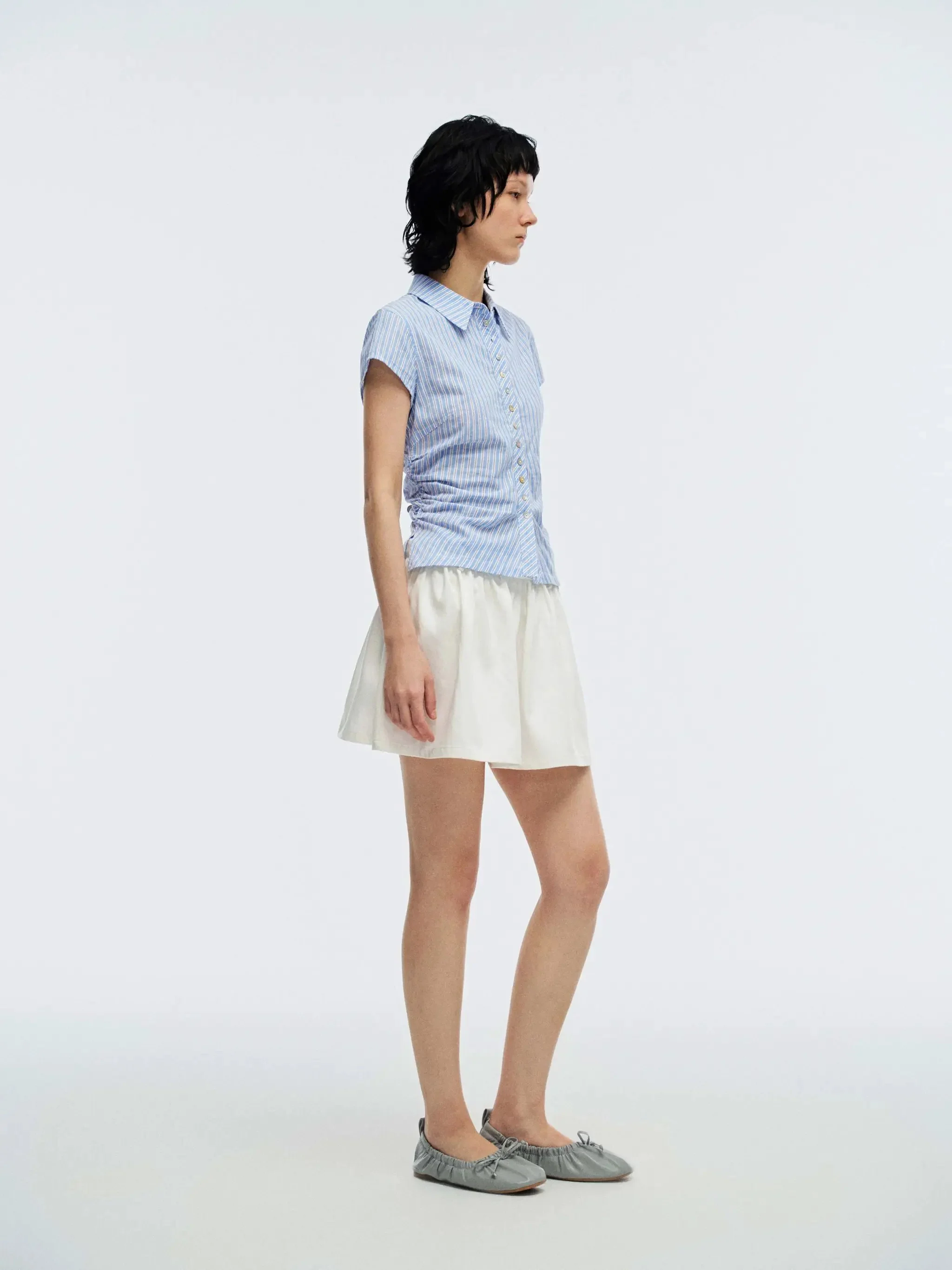 Striped Cotton Linen Blend Cap Sleeve Nipped Waist Shirt