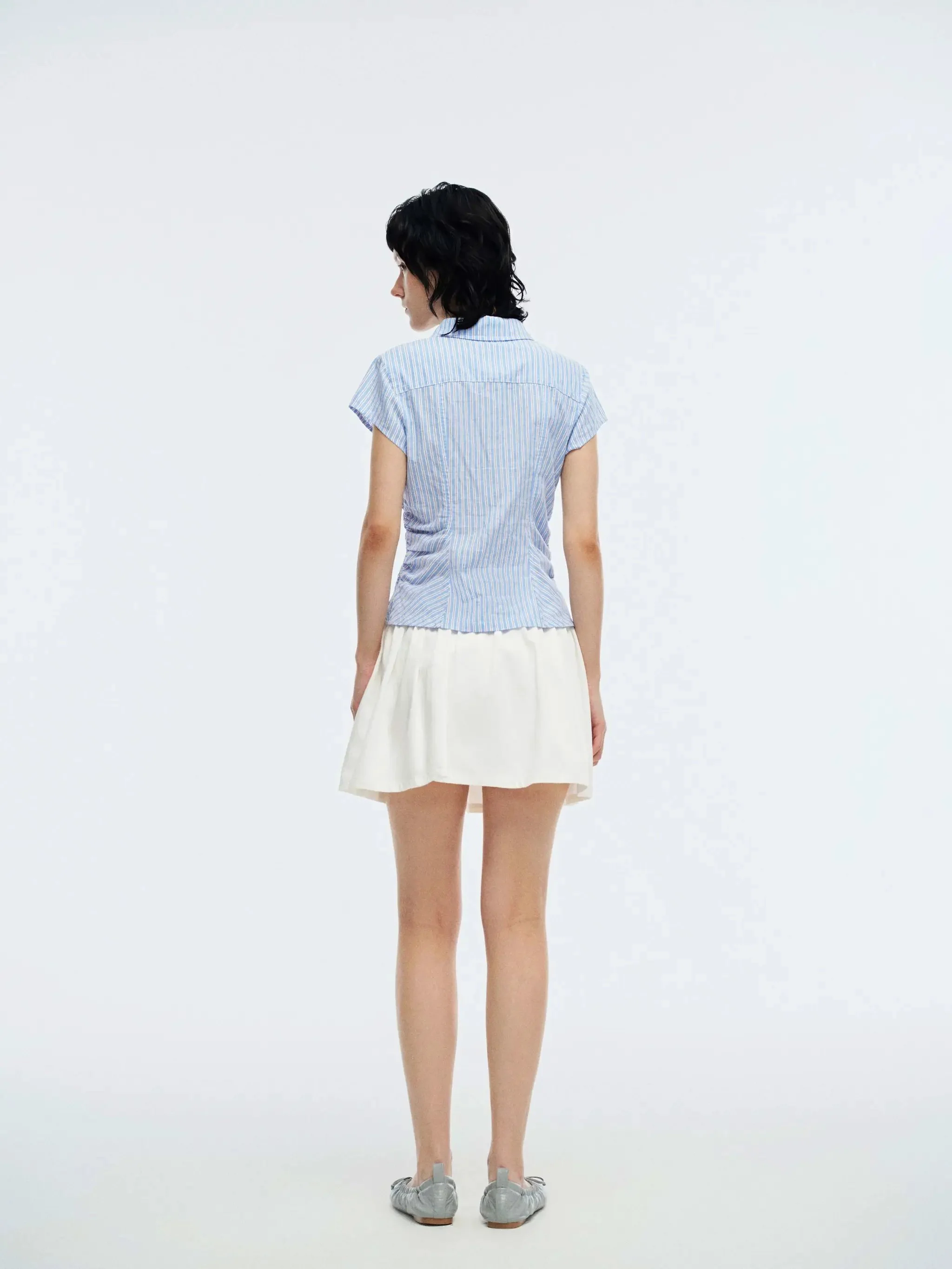 Striped Cotton Linen Blend Cap Sleeve Nipped Waist Shirt