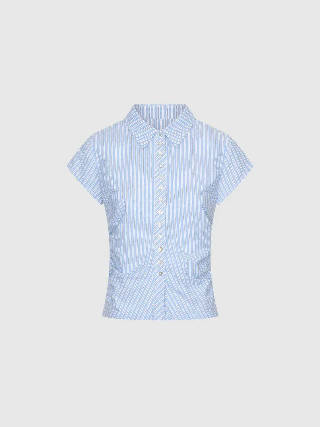 Striped Cotton Linen Blend Cap Sleeve Nipped Waist Shirt