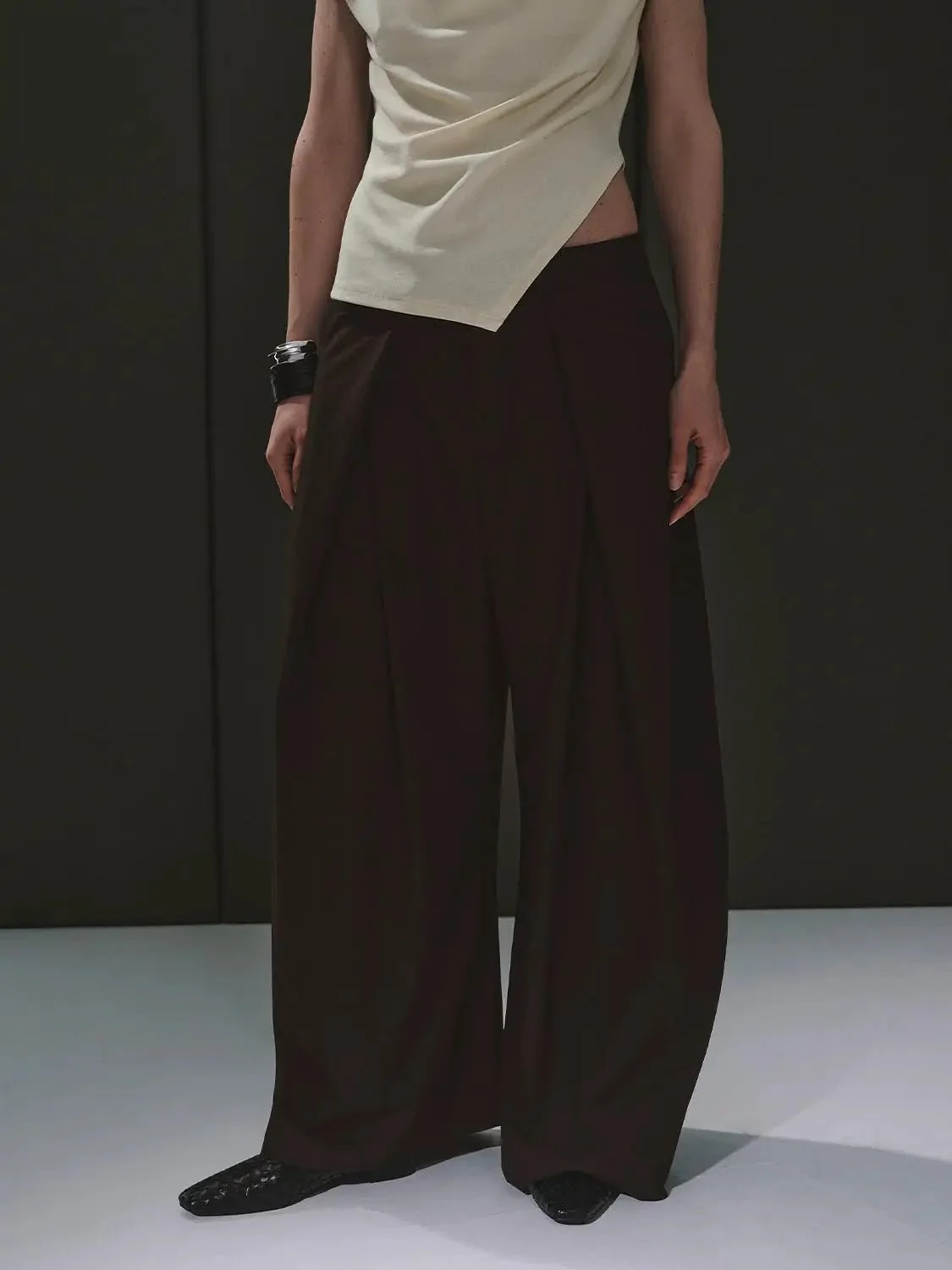 Pleated Wide Leg Wool Blend Elegant Trousers