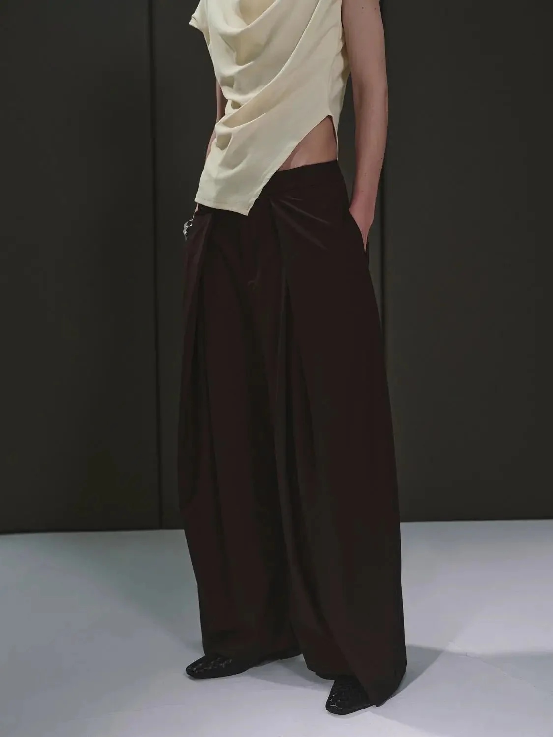 Pleated Wide Leg Wool Blend Elegant Trousers