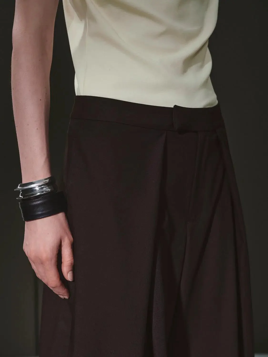 Pleated Wide Leg Wool Blend Elegant Trousers