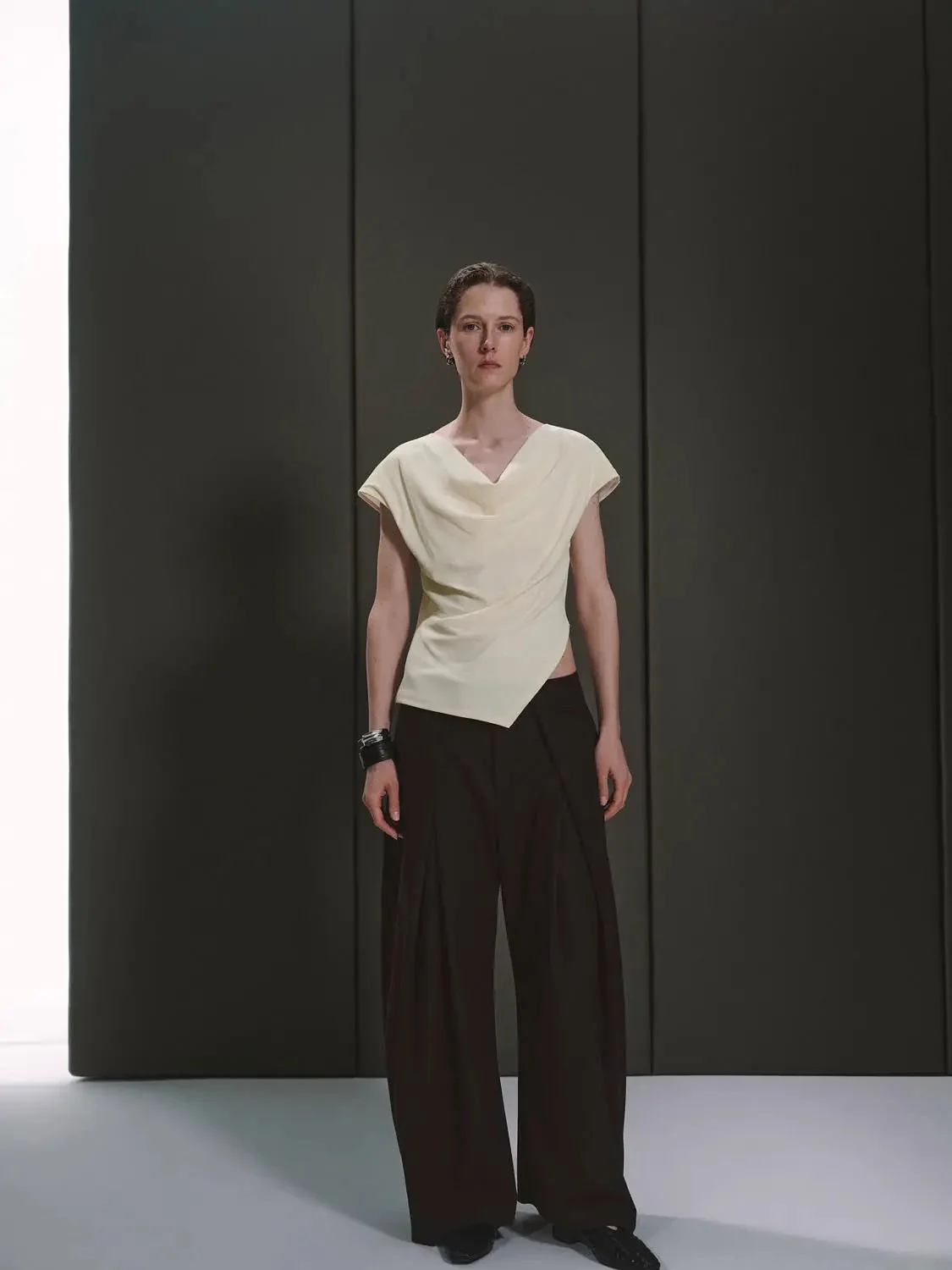 Pleated Wide Leg Wool Blend Elegant Trousers