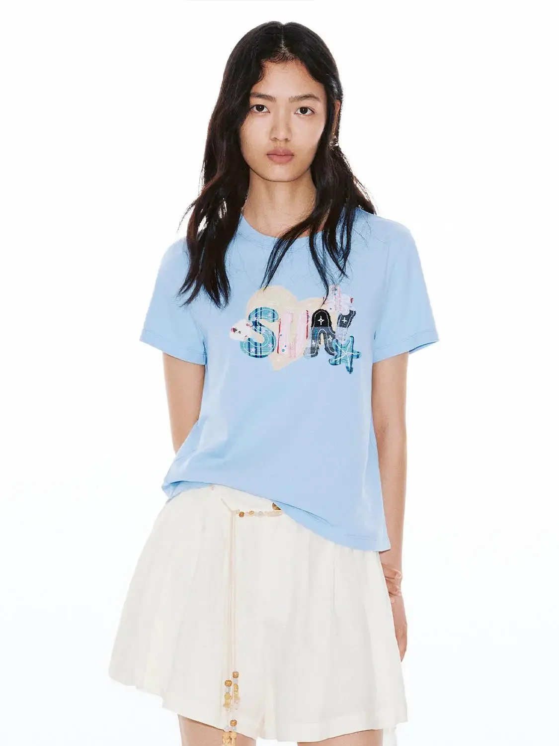 Light Blue Cotton Graphic Print Crew Neck T Shirt