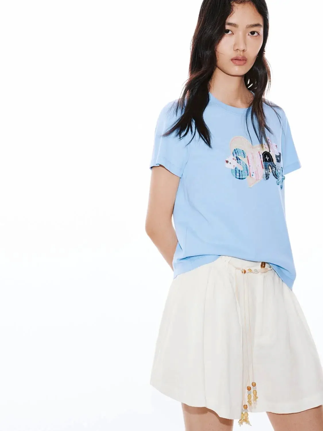 Light Blue Cotton Graphic Print Crew Neck T Shirt