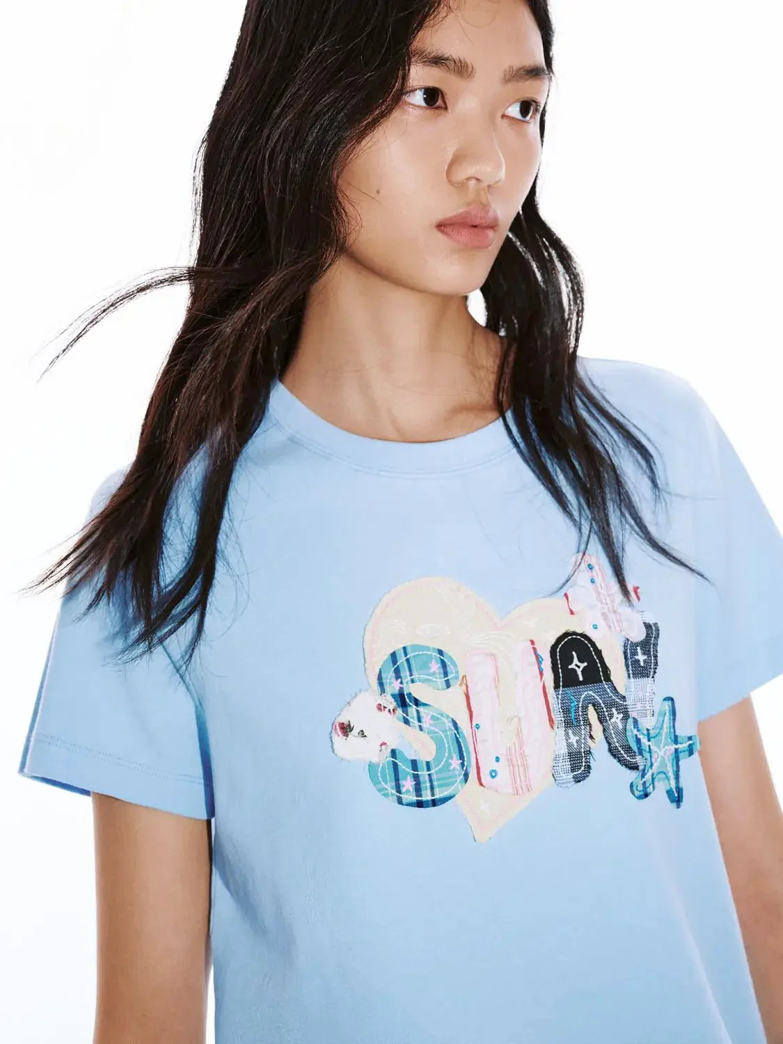 Light Blue Cotton Graphic Print Crew Neck T Shirt