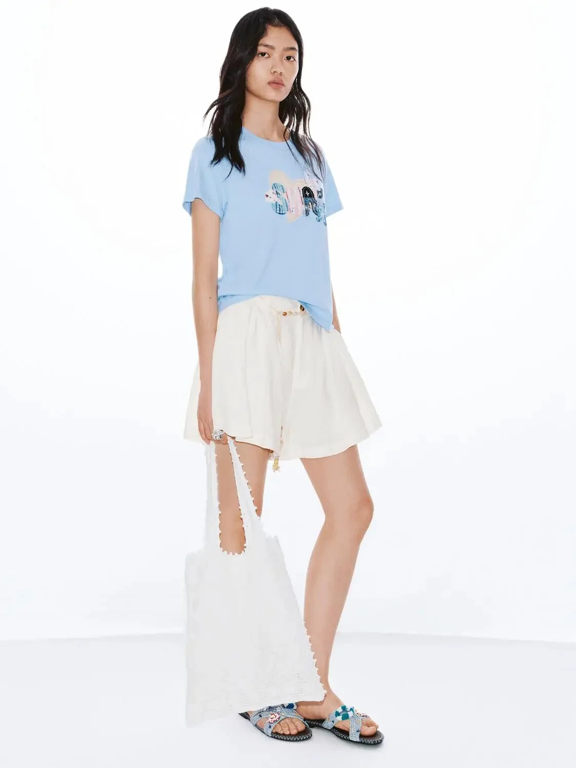 Light Blue Cotton Graphic Print Crew Neck T Shirt