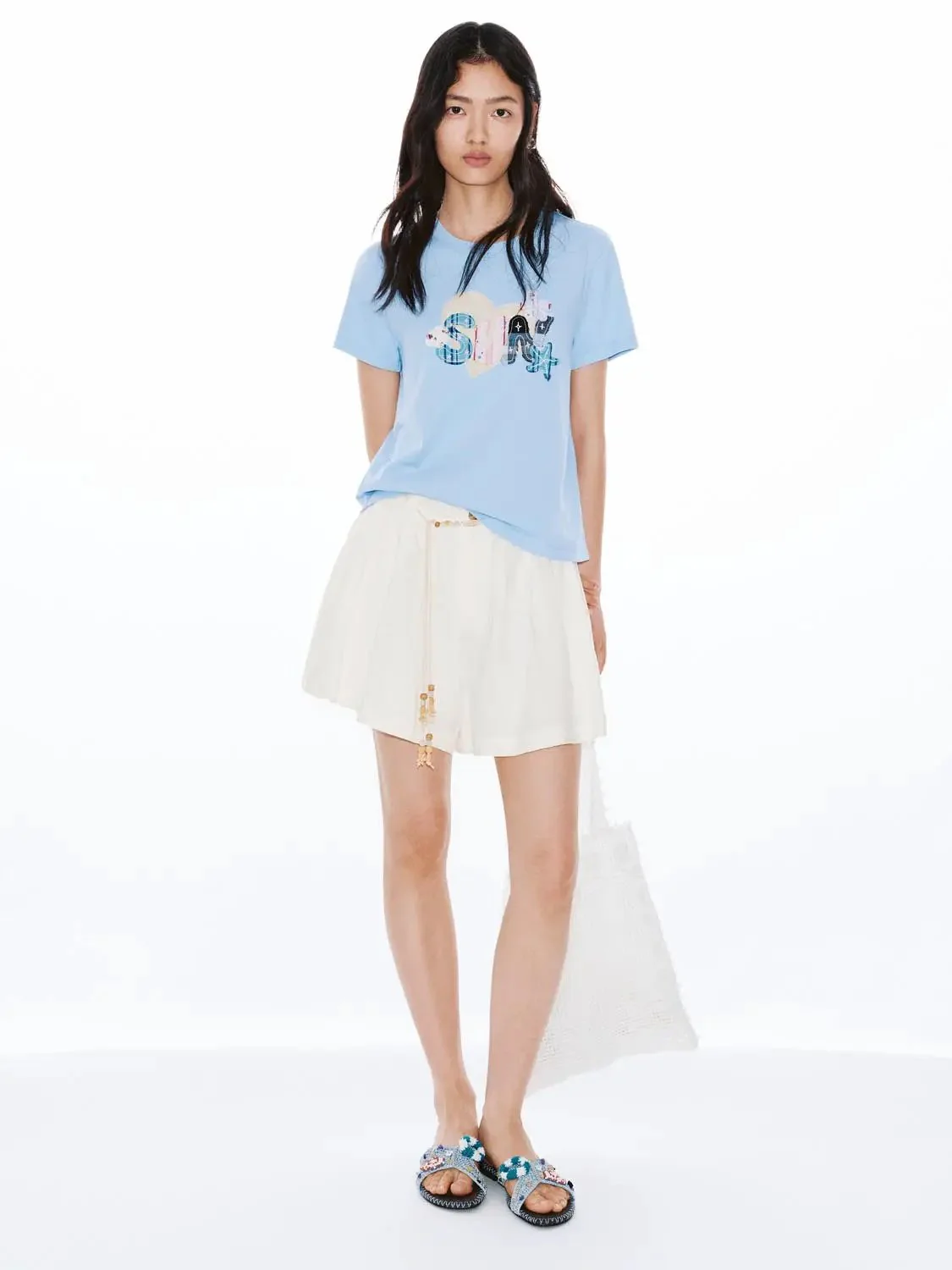 Light Blue Cotton Graphic Print Crew Neck T Shirt