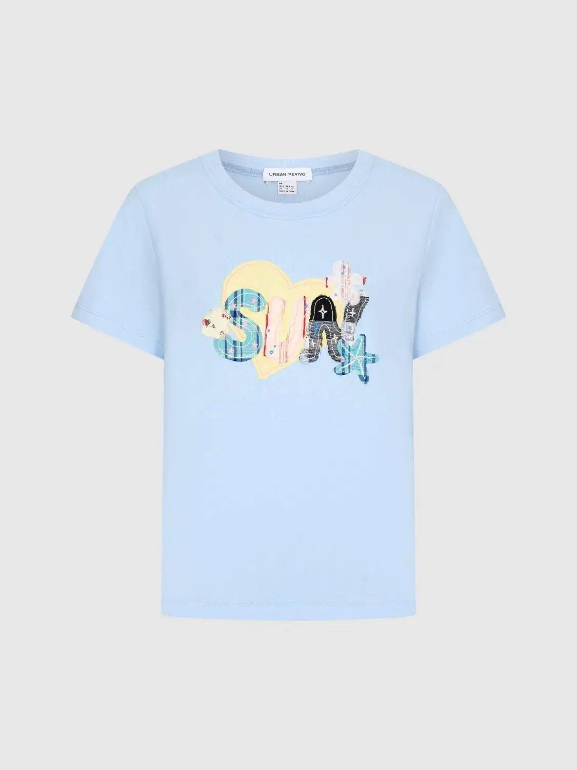 Light Blue Cotton Graphic Print Crew Neck T Shirt