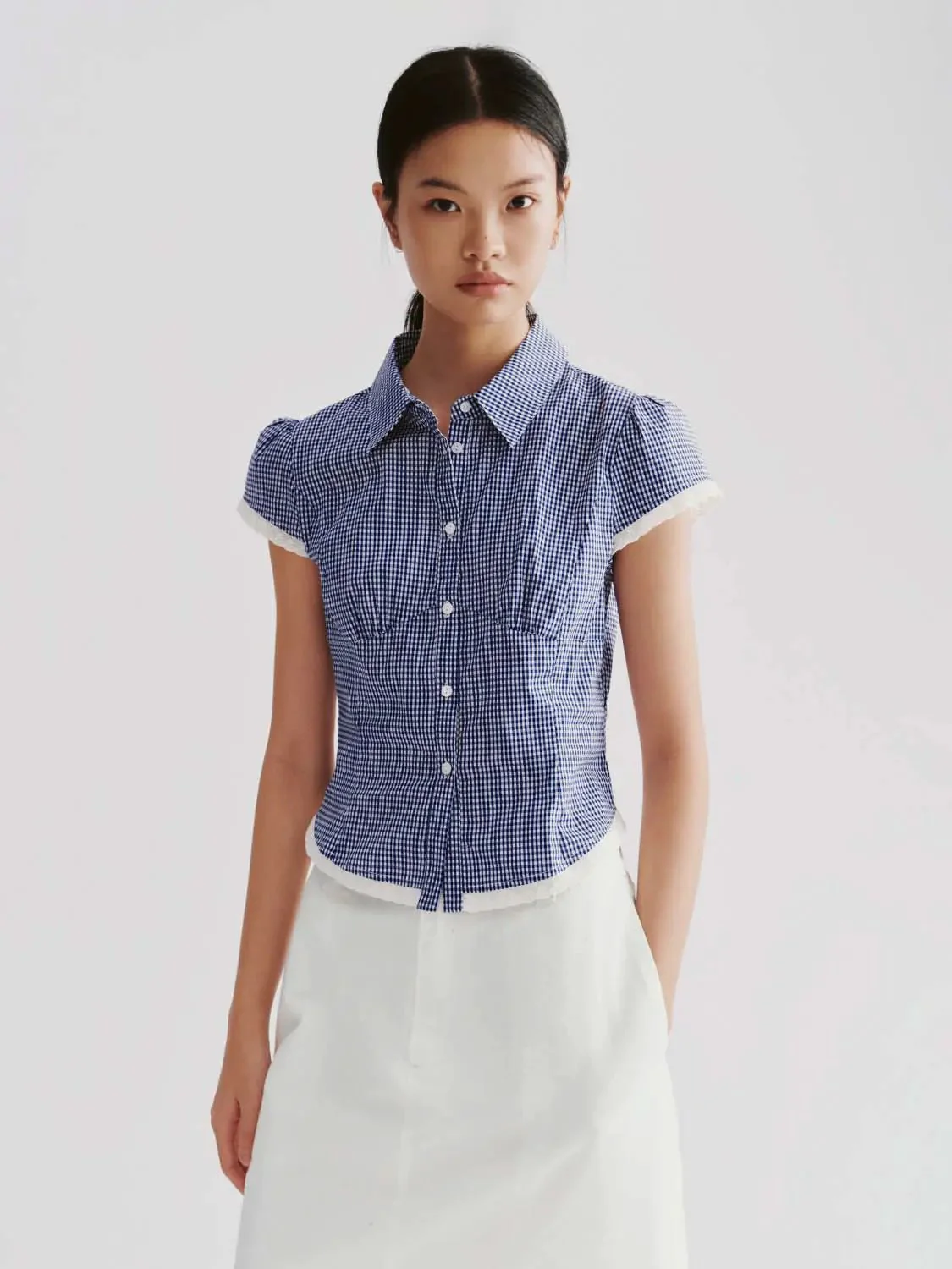 19522-lace-trim-cotton-gingham-cap-sleeve-shirts-1.webp Lace Trim Cotton Gingham Cap Sleeve Shirts