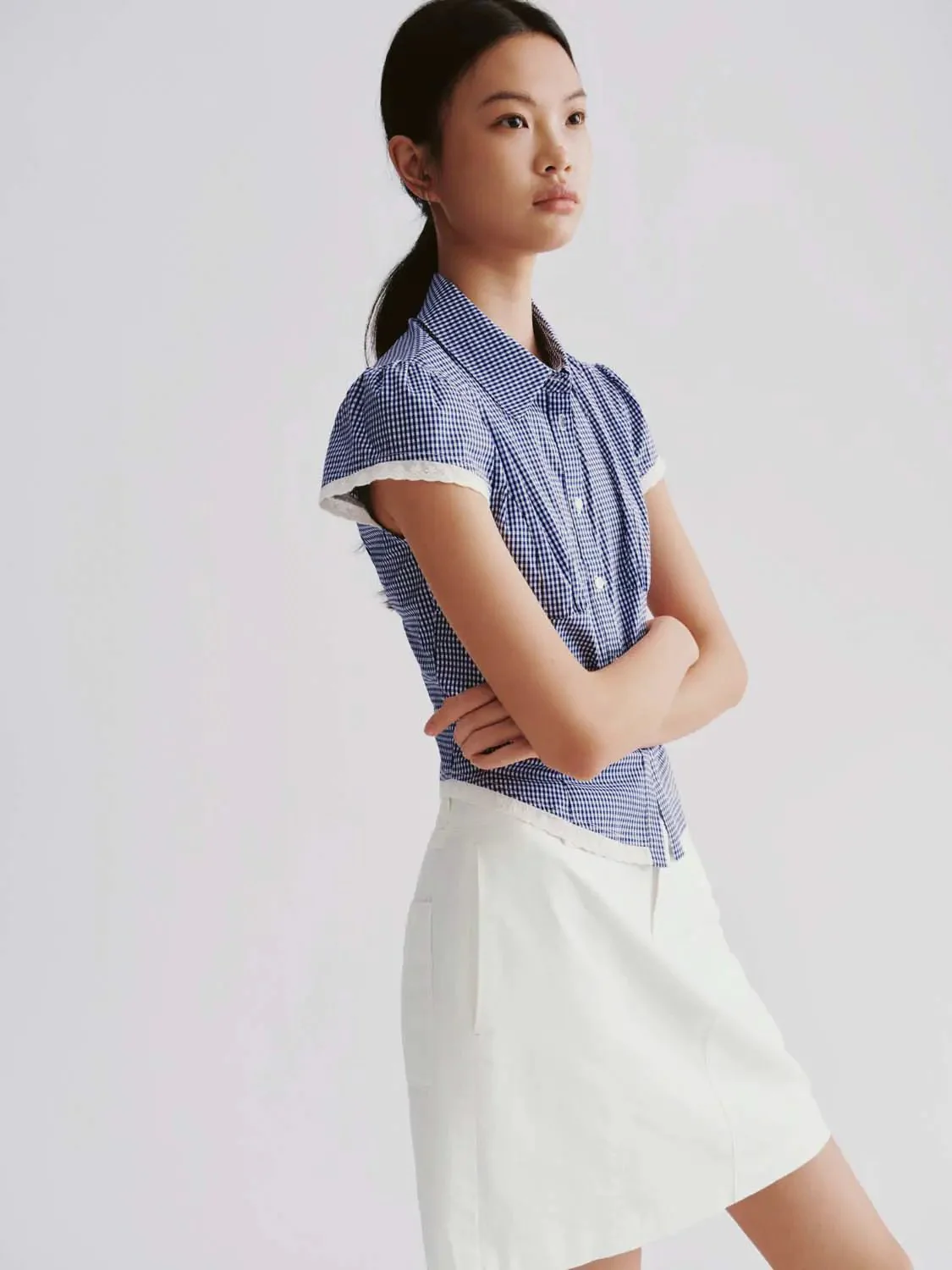 19522-lace-trim-cotton-gingham-cap-sleeve-shirts-2.webp Lace Trim Cotton Gingham Cap Sleeve Shirts