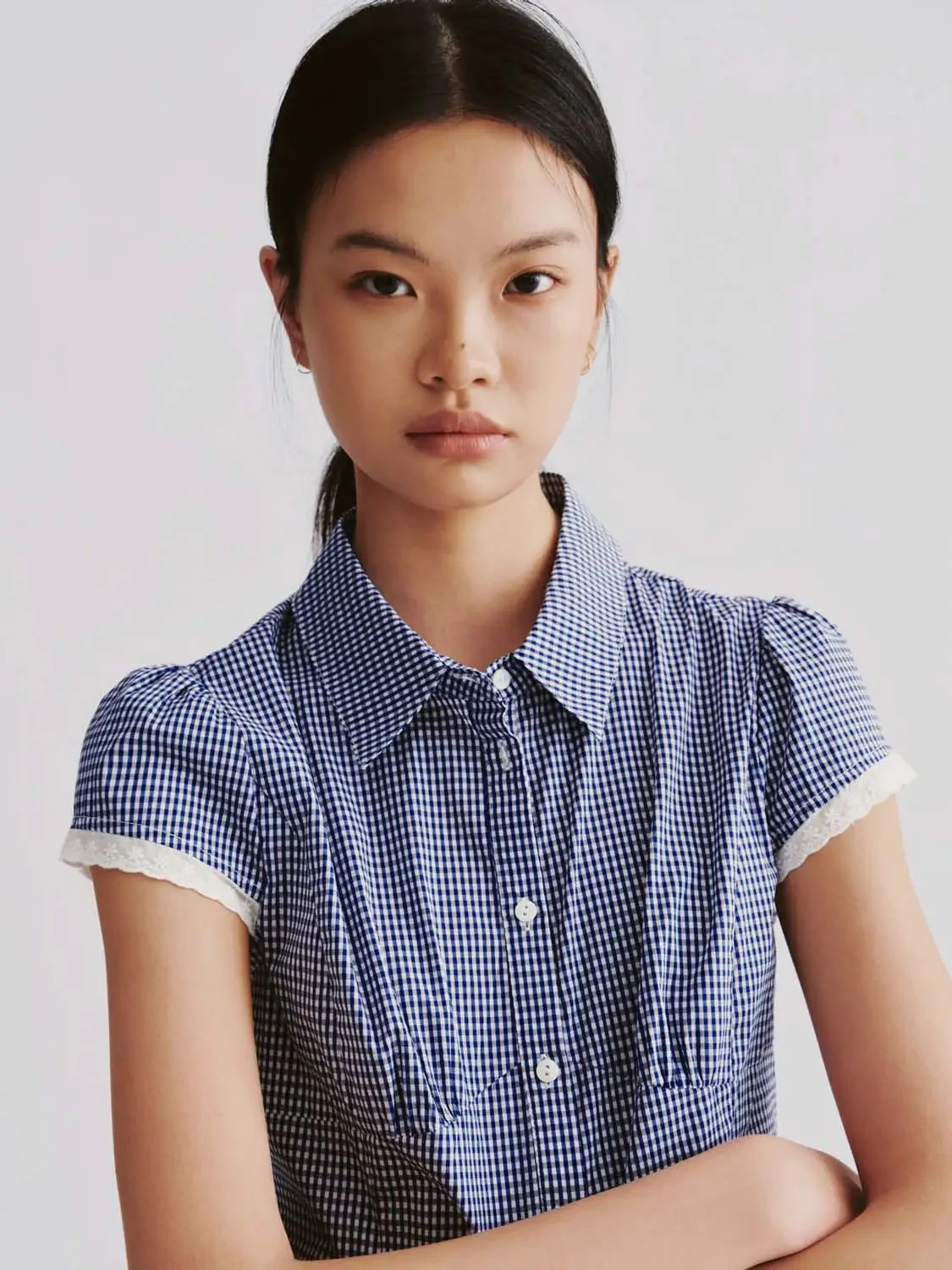19522-lace-trim-cotton-gingham-cap-sleeve-shirts-3.webp Lace Trim Cotton Gingham Cap Sleeve Shirts