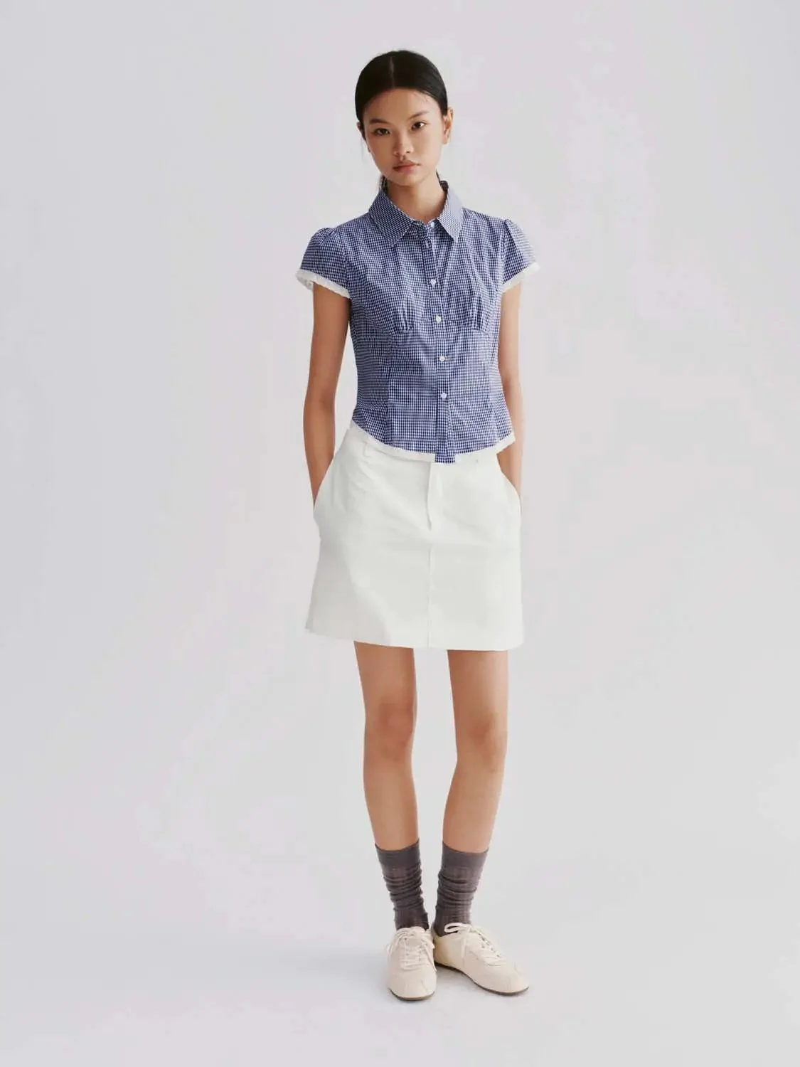 19522-lace-trim-cotton-gingham-cap-sleeve-shirts-4.webp Lace Trim Cotton Gingham Cap Sleeve Shirts