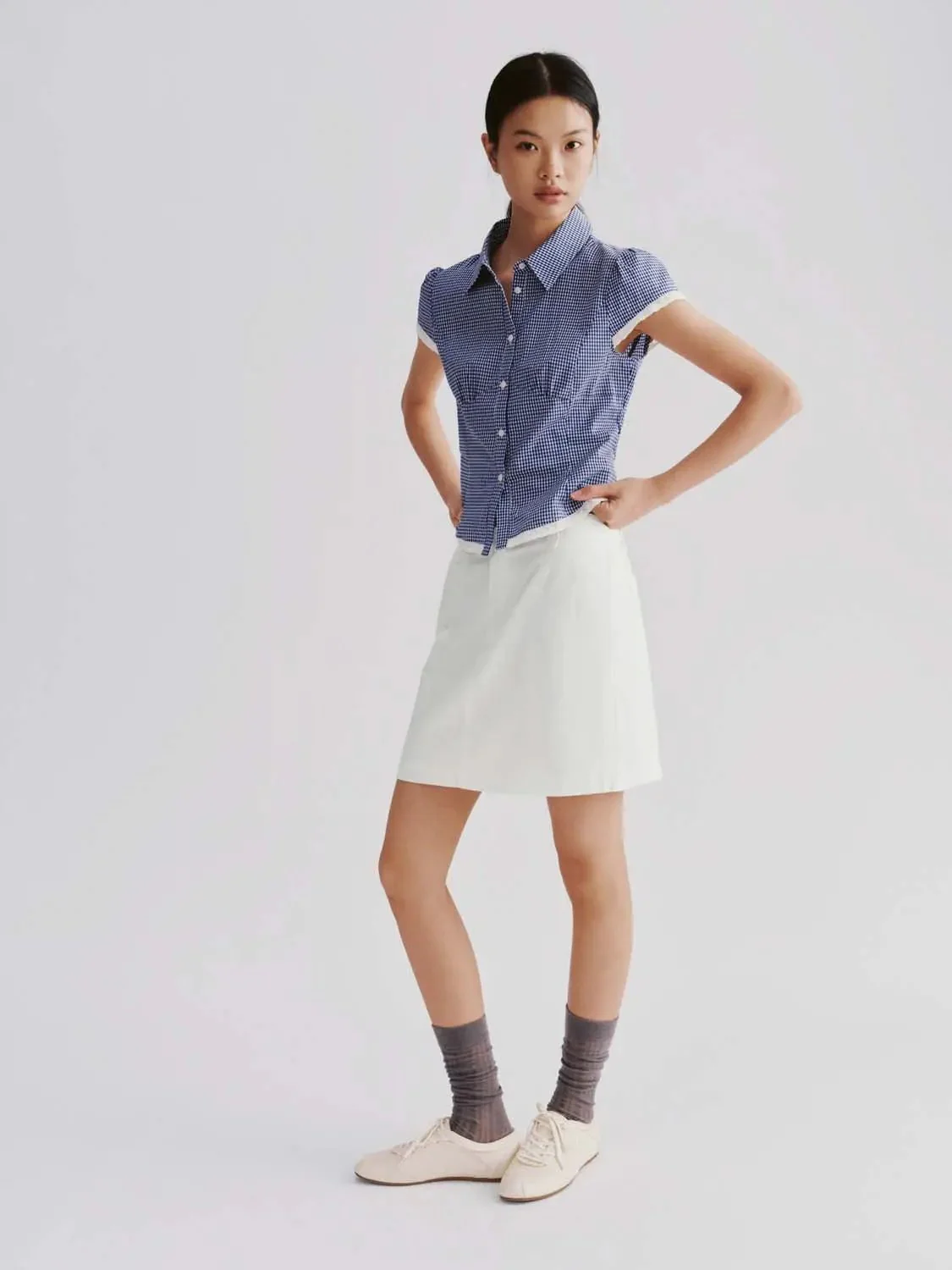 19522-lace-trim-cotton-gingham-cap-sleeve-shirts-5.webp Lace Trim Cotton Gingham Cap Sleeve Shirts