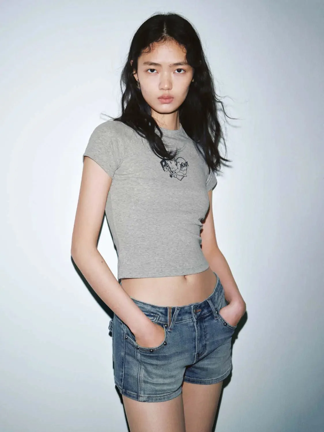 Printed Cotton Blend Skinny Cropped T Shirt