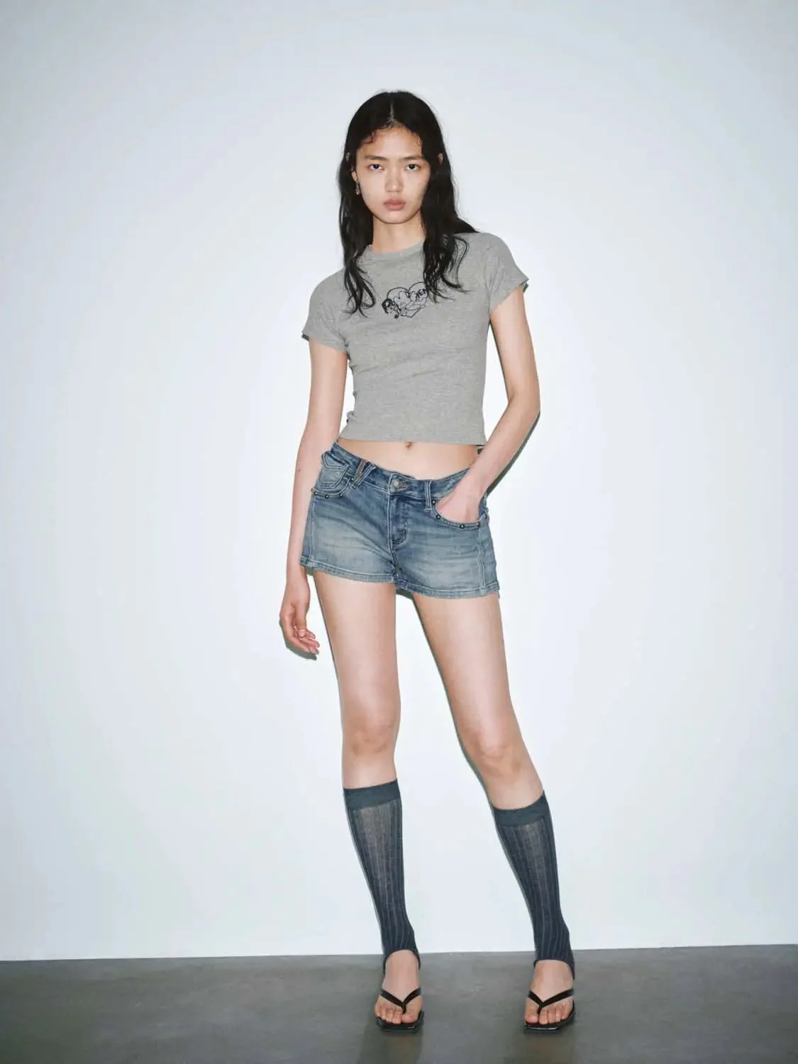Printed Cotton Blend Skinny Cropped T Shirt