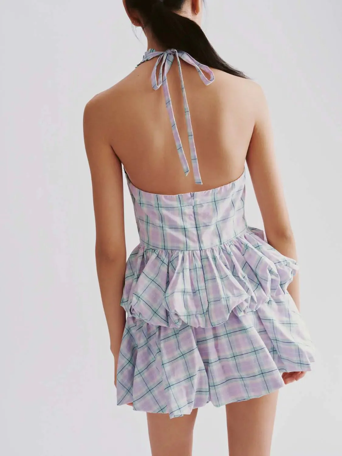 Halter Neck Ruffle Hem Check Sleeveless Shirts