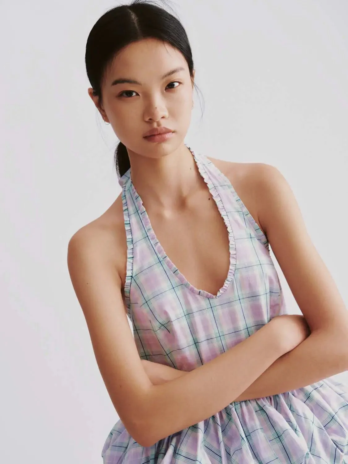 Halter Neck Ruffle Hem Check Sleeveless Shirts