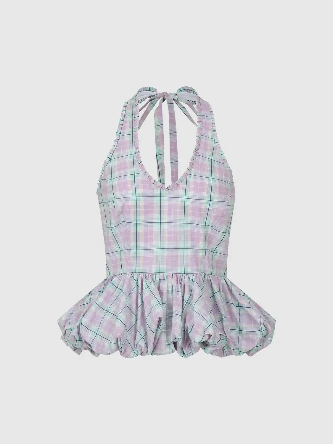 Halter Neck Ruffle Hem Check Sleeveless Shirts