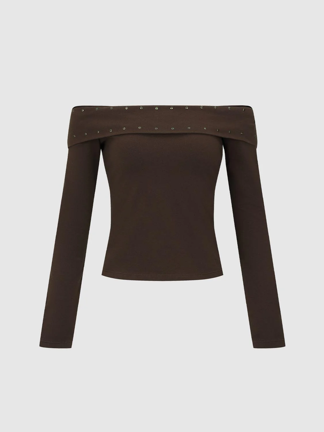 19602-brown-cotton-blend-off-shoulder-studded-long-sleeve-top-1.webp Brown Cotton Blend Off Shoulder Studded Long Sleeve Top