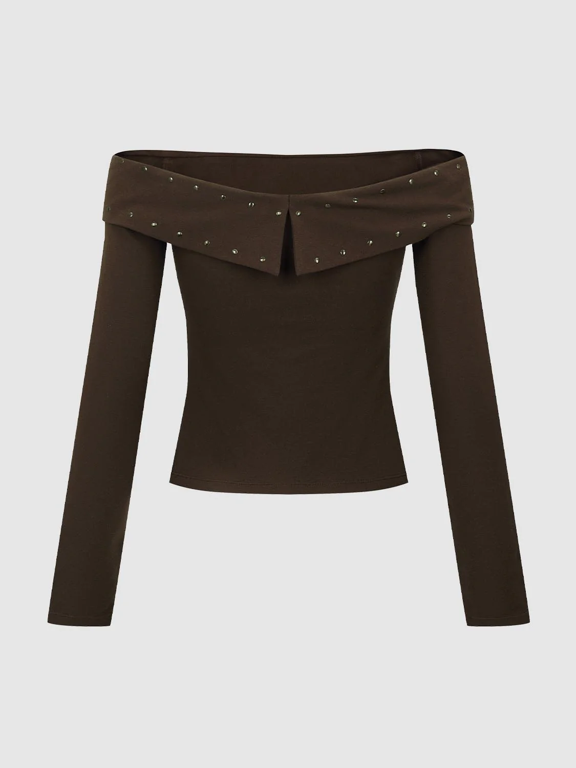 19602-brown-cotton-blend-off-shoulder-studded-long-sleeve-top-2.webp Brown Cotton Blend Off Shoulder Studded Long Sleeve Top