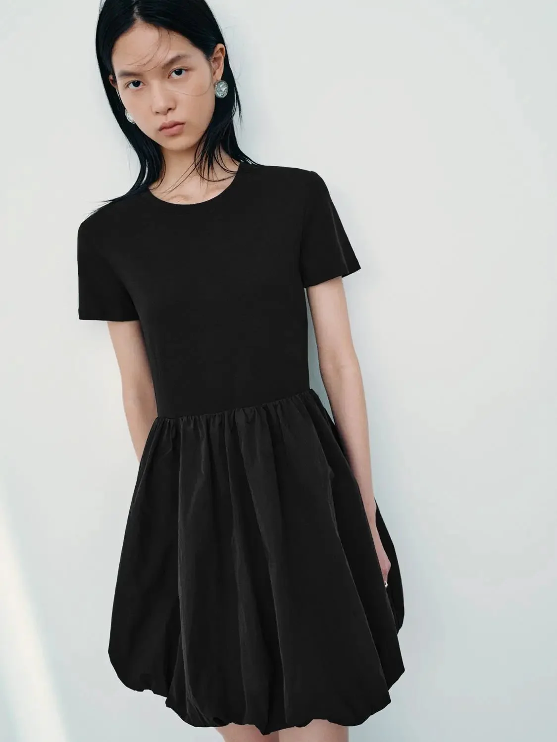 19628-black-cotton-knit-bubble-hem-skater-dresses-2.webp Black Cotton Knit Bubble Hem Skater Dresses
