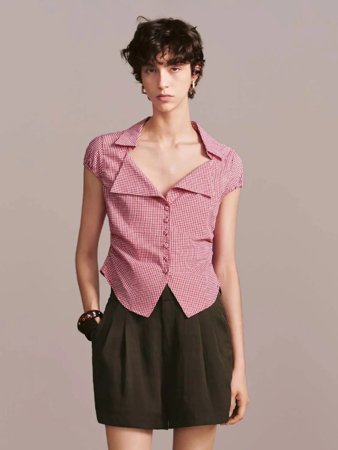 19871-cotton-gingham-collared-cap-sleeve-shirt-9.webp Cotton Gingham Collared Cap Sleeve Shirt