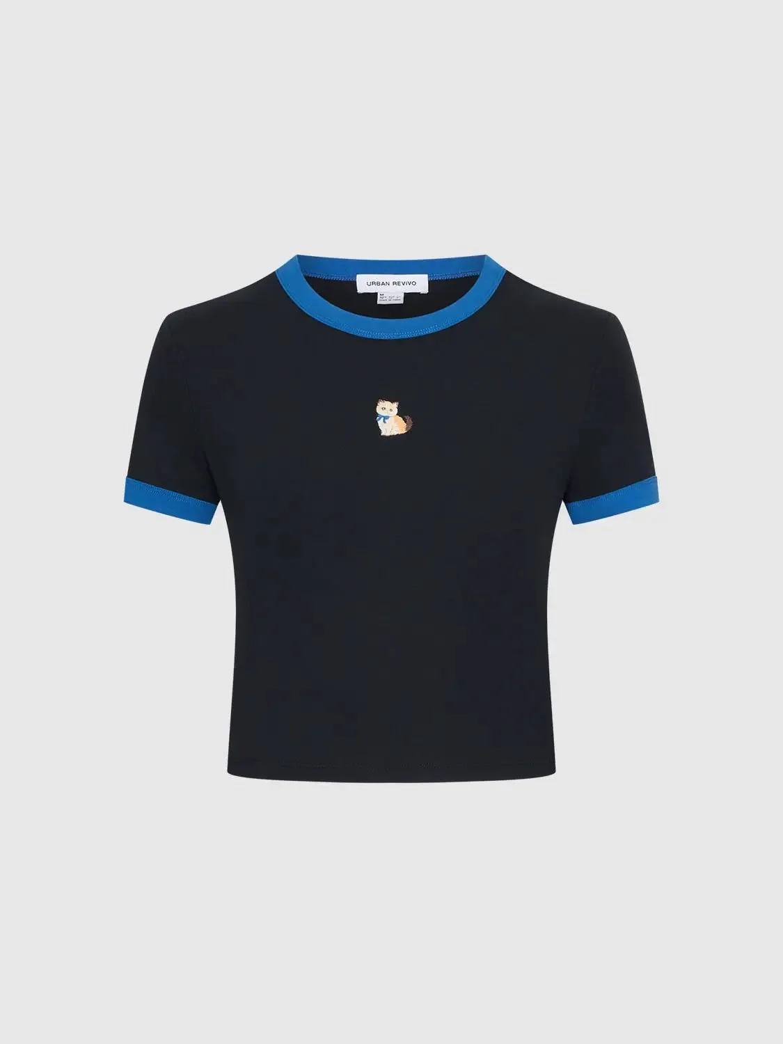 Contrast Trim Cropped Cotton Tee With Blue Trim T-Shirts