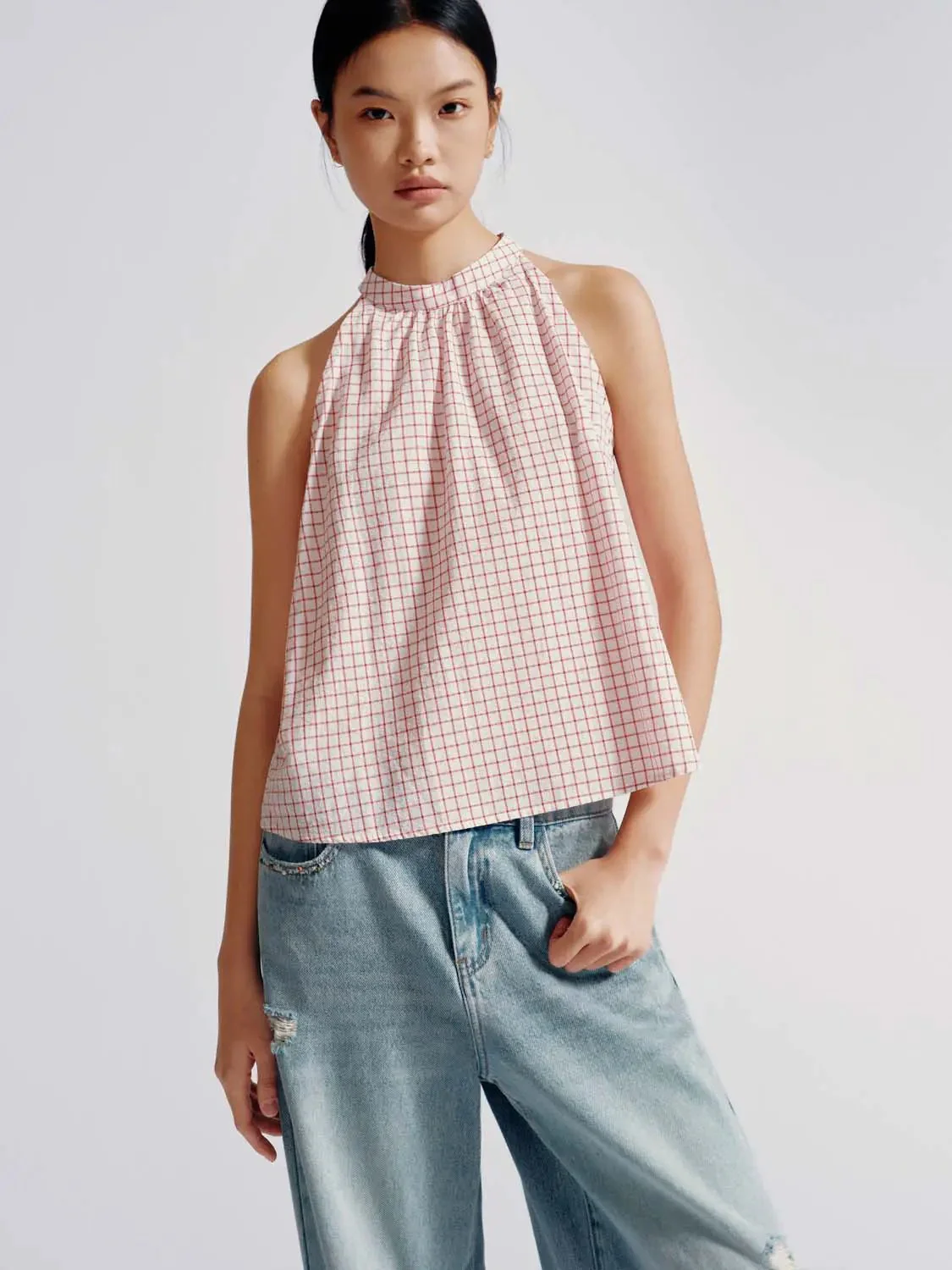 Contrast Check Sleeveless Overhead Shirts
