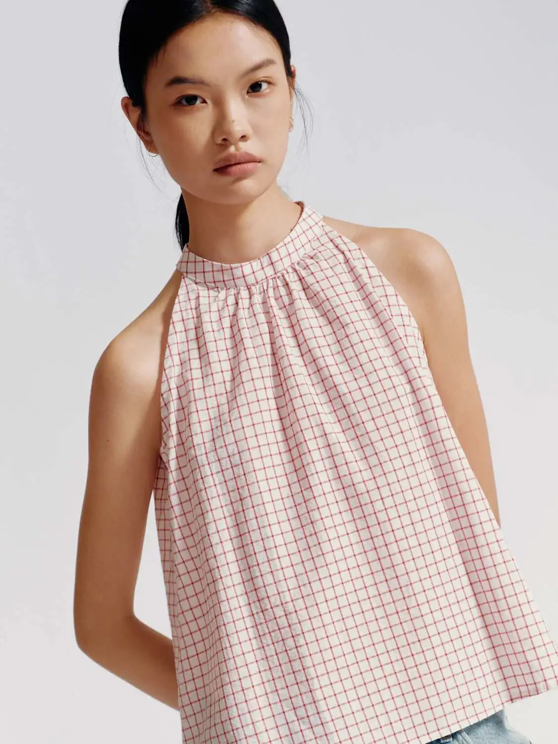 Contrast Check Sleeveless Overhead Shirts